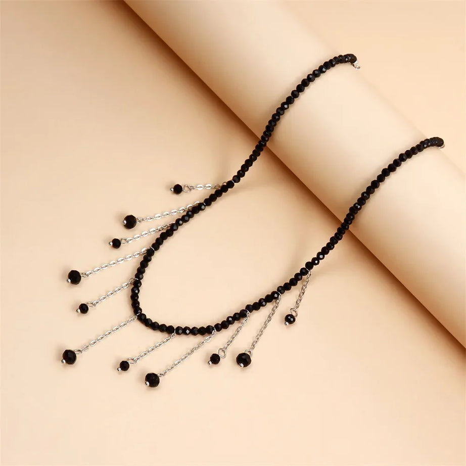 Black Bead Silver Tassel Choker Necklace Jewelry