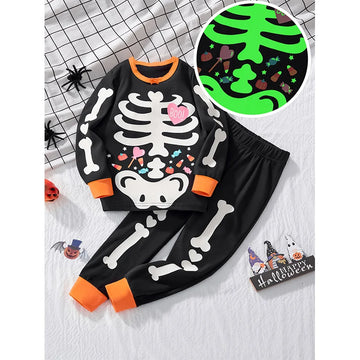 Halloween Little Girl Night Light Skull Print Long Sleeve T Shirt Trousers Set Kids Night Party Trick Or Treat Dress Up costume