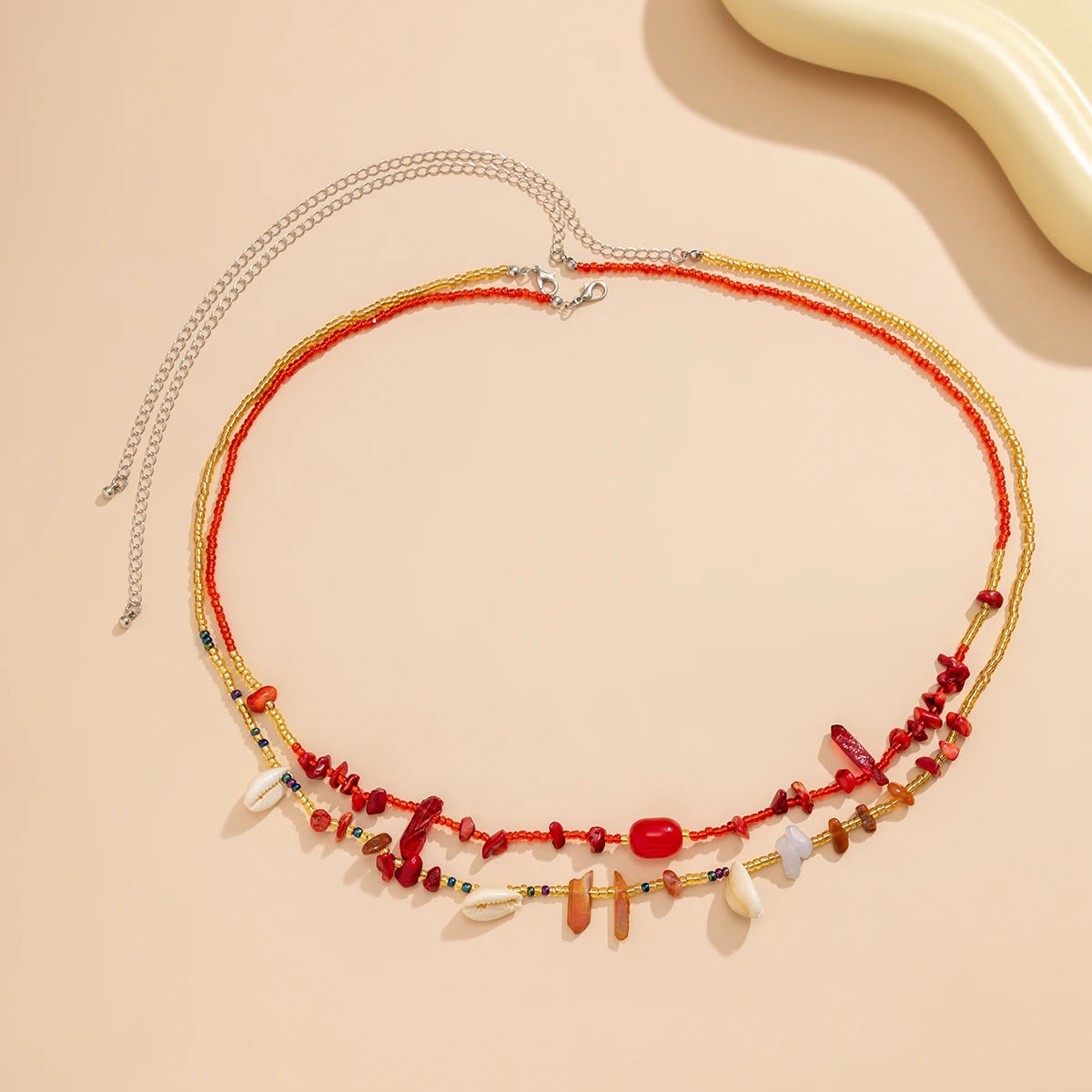 Ingemark 2Pcs/Set Boho Red Crystal Seed Beads Waist Chain for Women Summer Beach Bikini Stone Conch Belly Belt Sexy Body Jewelry