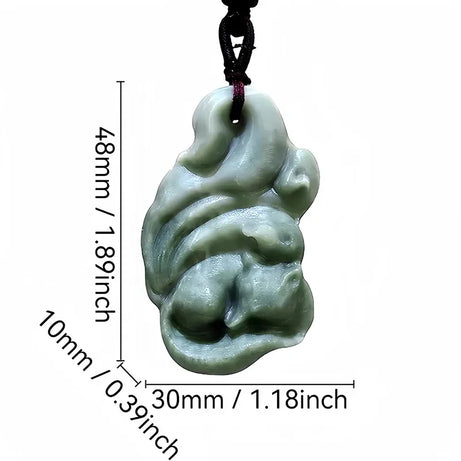 Dark Green Jade Dragon Fox & Owl Pendant Necklace, Carved Amulet Zodiac Talisman