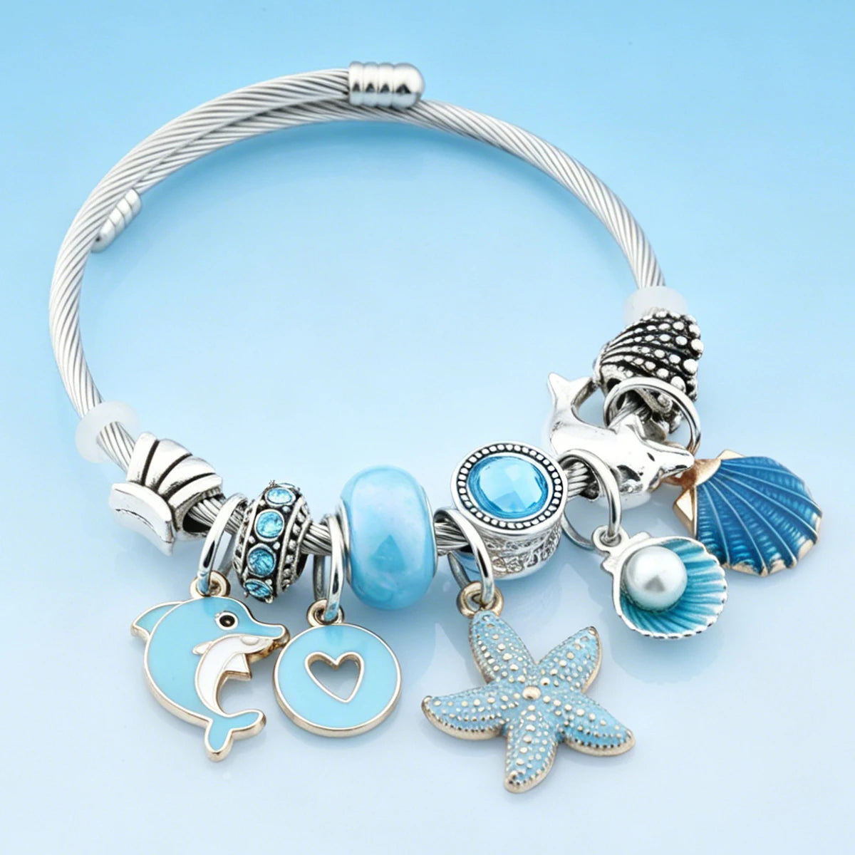 Boho Blue Enamel Dolphin Starfish Shell Bead Pendant Bracelet Silver Color Marine Life DIY Charm Jewelry for Summer Holiday Gift