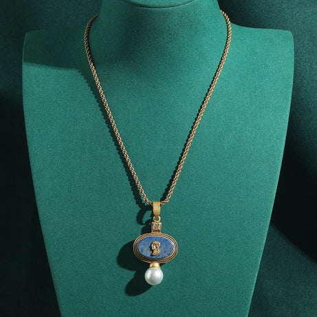 Vintage Cameo Jewelry Set Woman Avatar Pendent Pearl Necklace Lapis Lazuli Stud Earrings Blue Natural Stone Wedding Party 2026 - Charlie Dolly