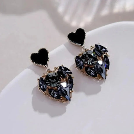 Gray Stone Heart Dangle Earrings, Carved Korean Style Evening Boho Jewelry