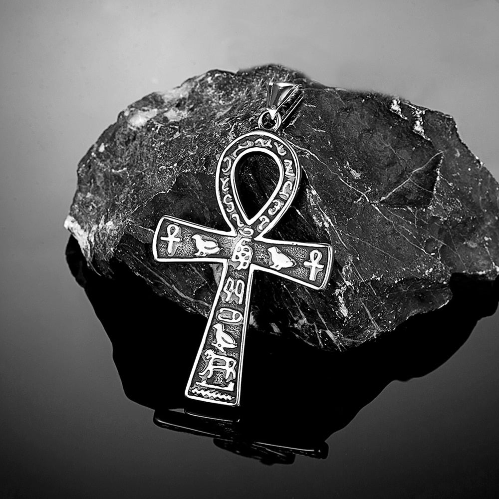 Vintage Ancient Egyptian Ankh Cross Necklaces For Men Women Stainless Steel Cuneiform Characters Pendant Unisex Amulet Jewelry - Charlie Dolly