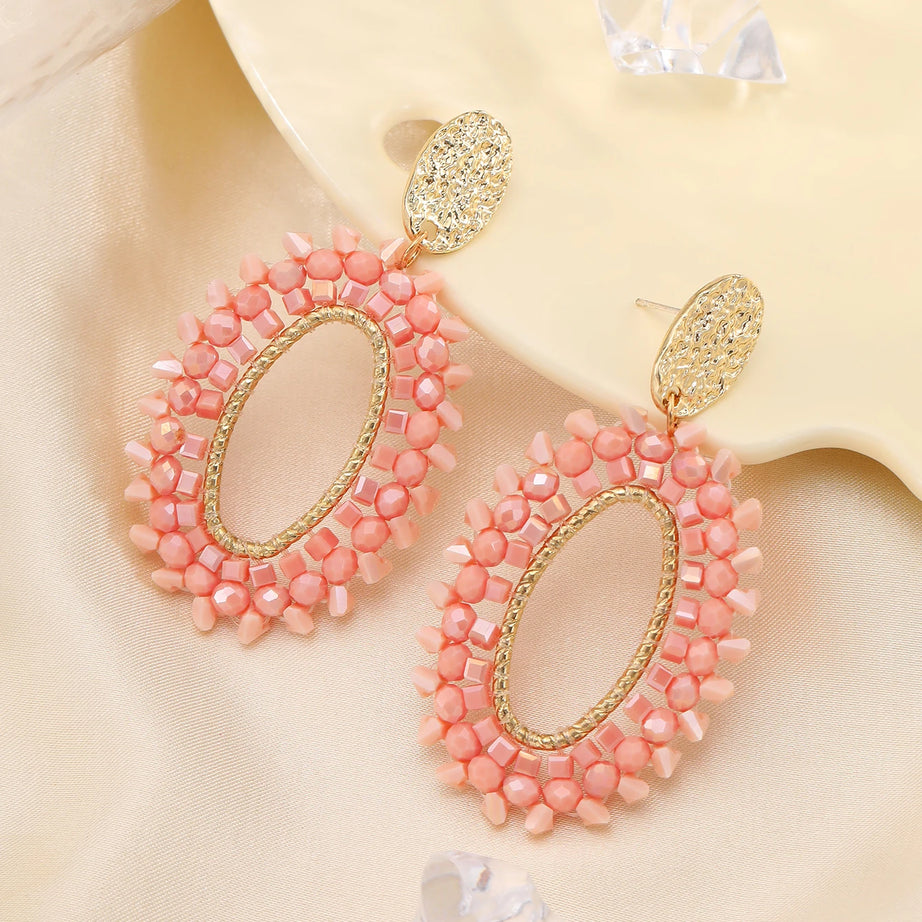 Oval Crystal Bead Big Long Drop Earrings Jewelry