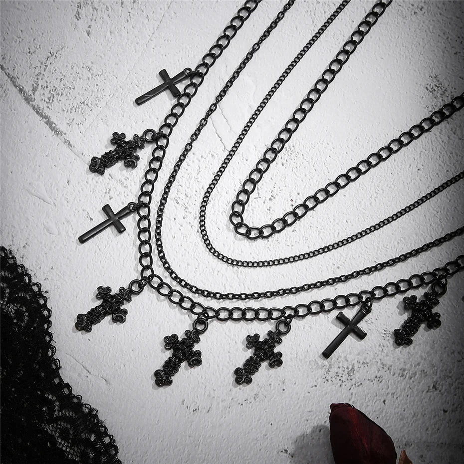 4Pcs Goth Black Cross Jesus Tassel Pendant Choker Necklace for Women Punk Metal Clavicle Chain Halloween Jewelry Y2K Accessories - Charlie Dolly
