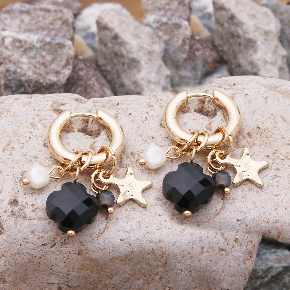 Pendant Earrings For Woman Boho Natural Stone Clover Malachite Powder Crystal Bohemia Charm Ear Luxury Quality Jewelry Girls