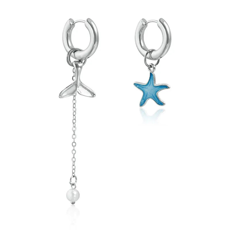 Bohemian Stainless Steel Starfish Charm Hoop Earrings Women Delicate Mermaid Tail Jewelry Girls Long Tassel Earring Accessories