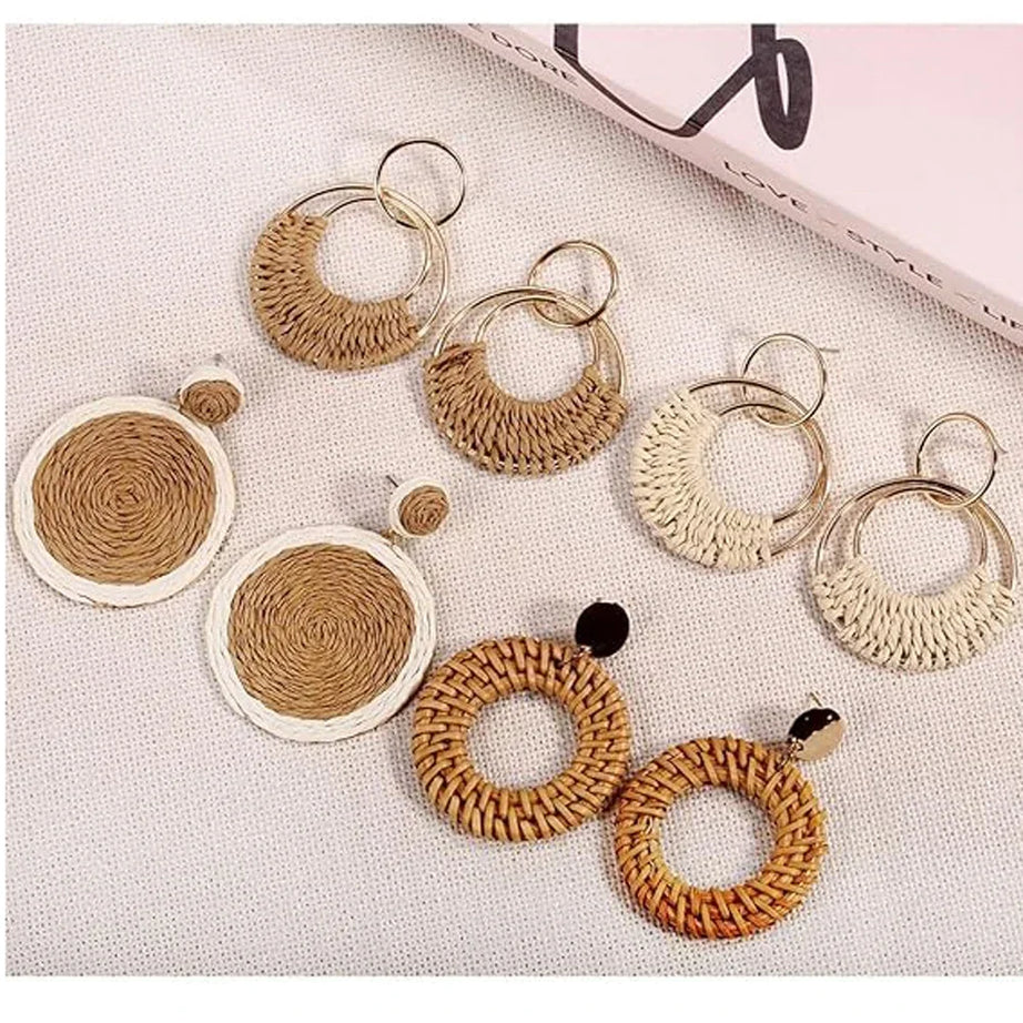Raffia Straw Woven Boho Hoop Earrings Jewelry