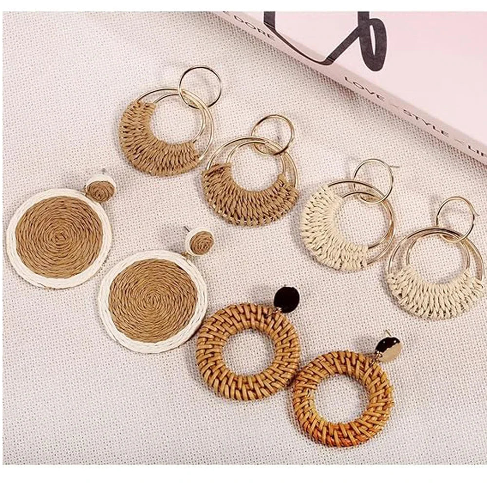 1 or 4 PAIRS Bohemia Summer Beach  Raffia Boho Hoop Earrings for Women Straw Wicker Rattan Dangle Round Drop Earrings