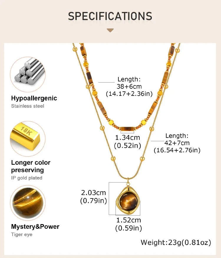 Natural Tiger Eye Necklace for Women, Boho Beaded Pendant Layered Collarbone Chain with Irregular Stone Jewelry