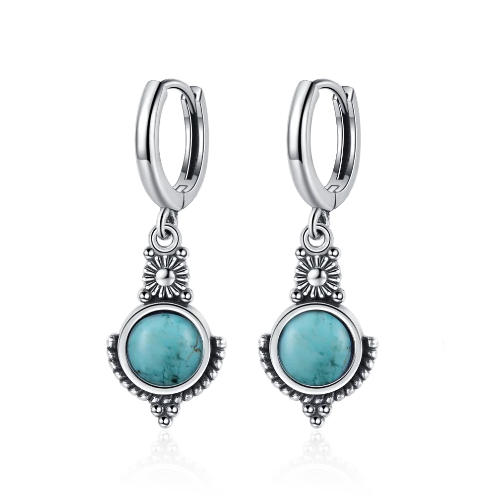 Natural Stone Sun Flower Hoop Earrings for Women, Vintage Antique Silver Turquoise Amethyst Labradorite Dangle Earring Wholesale