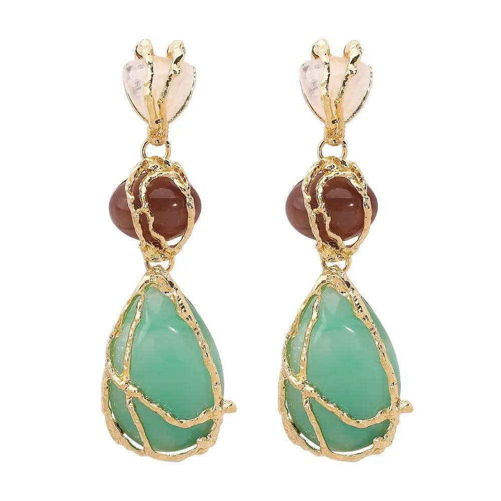 Fashion Natural Resin Waterdrop Metal Mesh Earrings For Women Retro Crystal Geometric Dangle Earrings Party Jewelry Boho Gifts