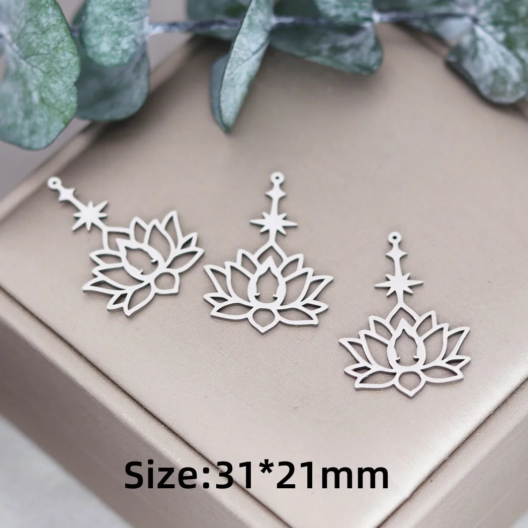 3pcs Exquiaite Amulet Moon Lotus Flower Charms DIY Craft Earrings Necklace Jewelry Making Yogo Buddhism Stainless Steel Pendant