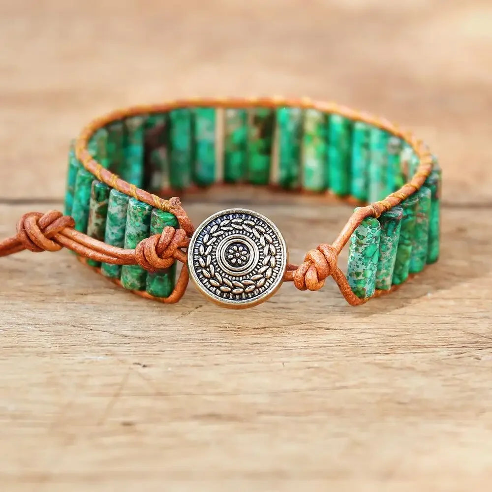 Women Men Boho Leather Wrap Bracelet & Bangle Natural Amazonite Stone Beaded Bohemia Charm Bracelet Handmade Jewelry Gift