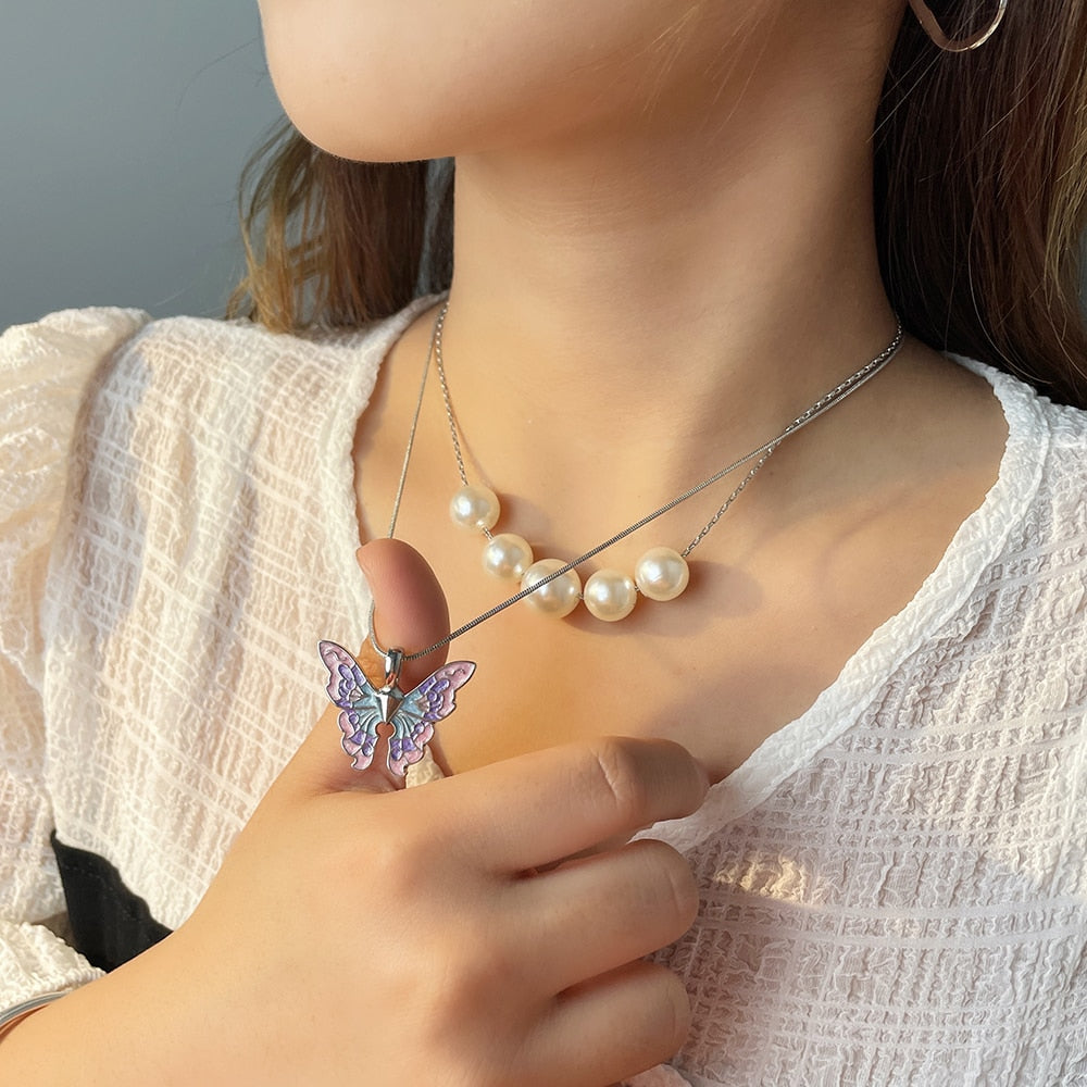 Disney Barbie Fairytopia Mermaidia Enamel Butterfly Pendant Necklace For Women Thai Pop Imitation Pearl Multilayer Jewelry - Charlie Dolly