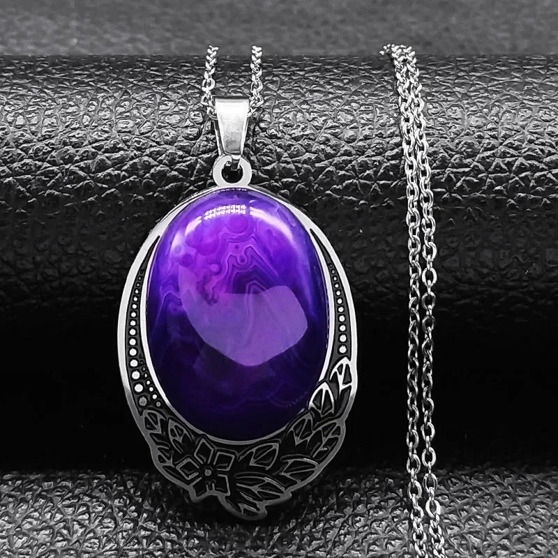 Boho Vintage Natural Labradorite Stone Necklace Women Stainless Steel Bohemia Necklaces Divination Spiritual Meditation Jewelry
