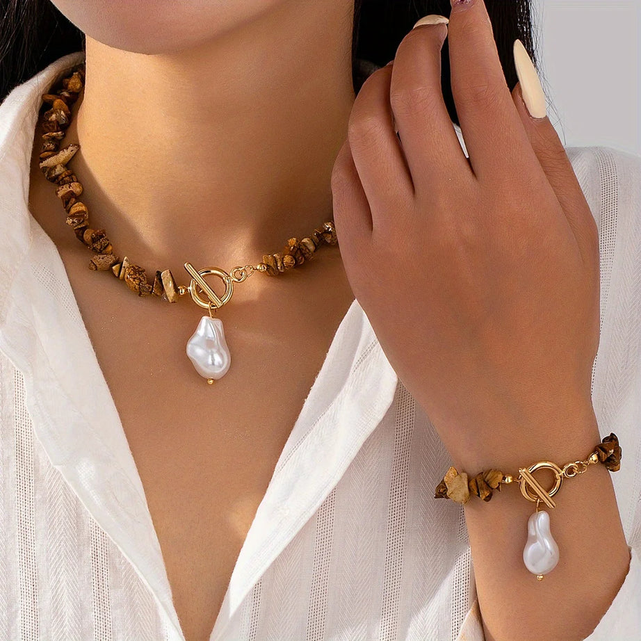 Boho Green Natural Stone Baroque Pearl Jewelry Set 13 Colors Toggle Clasp Necklace Bracelet For Women Fashion Gift - Charlie Dolly