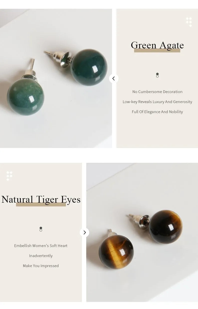 Natural Stone Agate Quartz Lapis Lazuli Tiger Eye Round Bead Stud Earrings Women Fashion Simple Stainless Steel Crystal Ear Stud