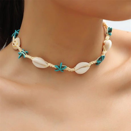 Cowrie Shell Boho Choker with Blue Starfish Beads