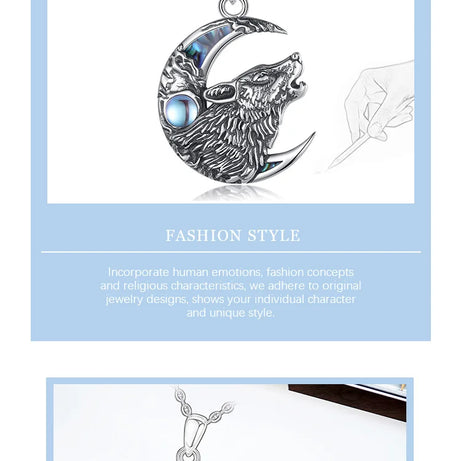 Wolf on the Moon Necklace with Moonstone, S925 Sterling Silver