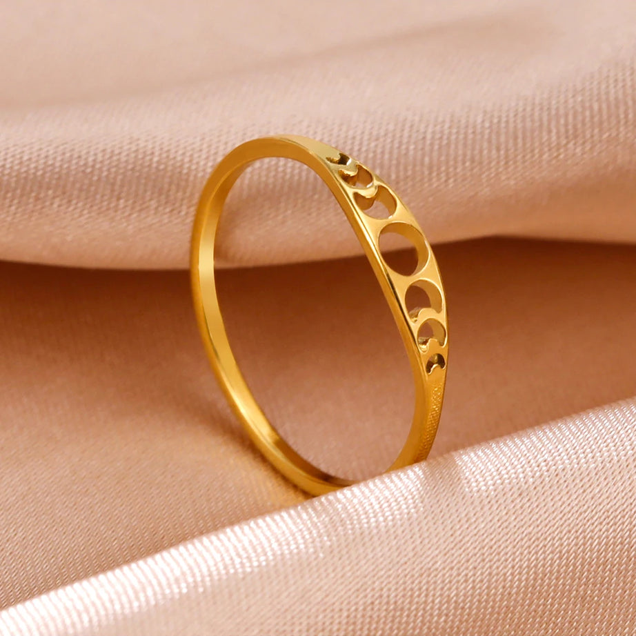 Moon Phase Couple Ring, Minimalist Stainless Steel Band Talisman