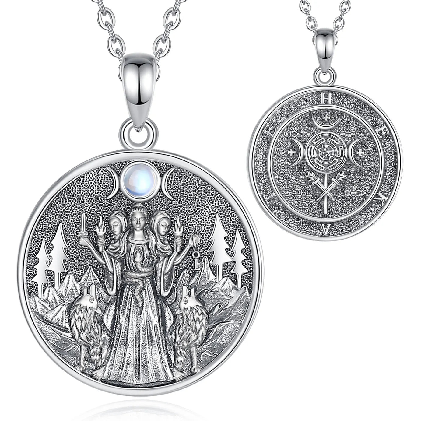S925 Sterling Silver Hecate & Dog Pendant Necklace, Triple Moon Goddess Moonstone Amulet