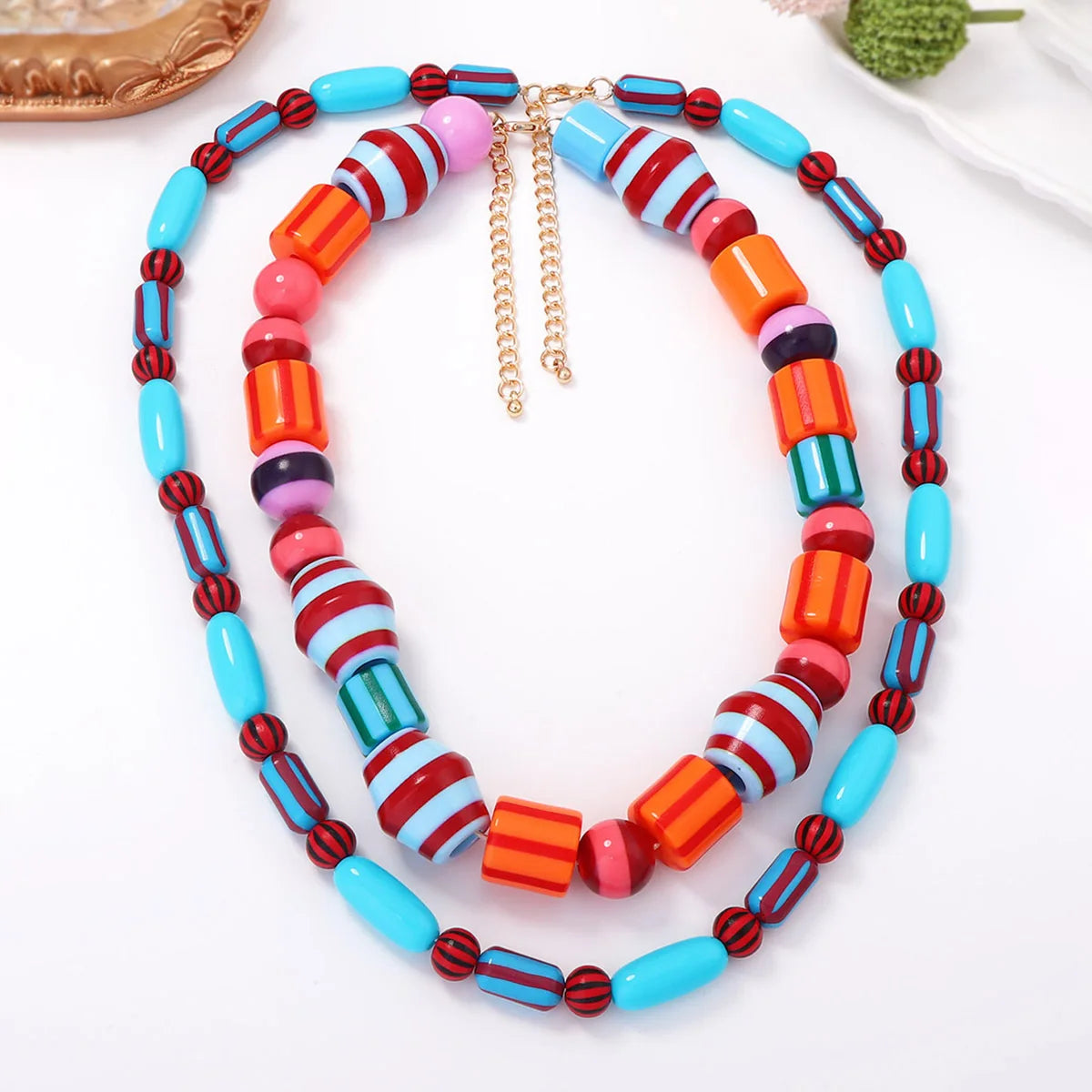 Colorful Resin Bead Double Layer Choker Necklace Jewelry