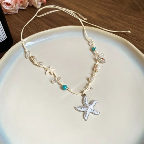 Irregular Shell, Starfish and Pearl Tassel Necklace and Earring Set