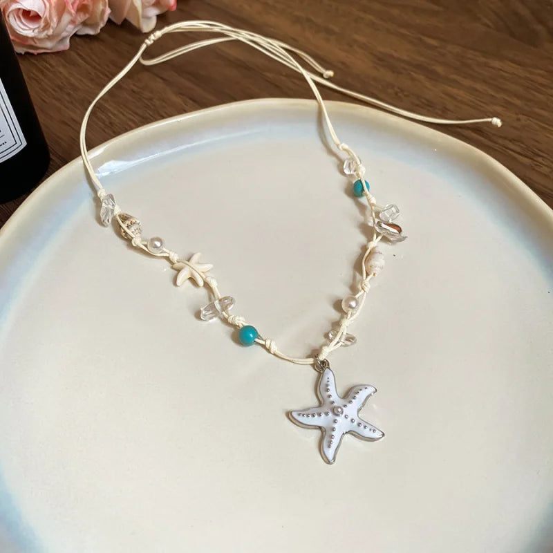 Boho Irregular Shells Tassel Earring Imitation Pearl Starfish Pendant Necklace Beach Vacation Style Fashion Women's Jewelry SetB