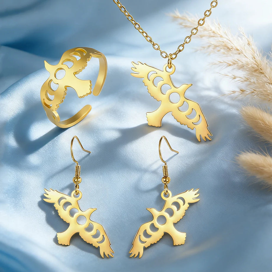 Raven & Moon Phase Jewelry Set, Necklace Earrings Ring Witchy Trio