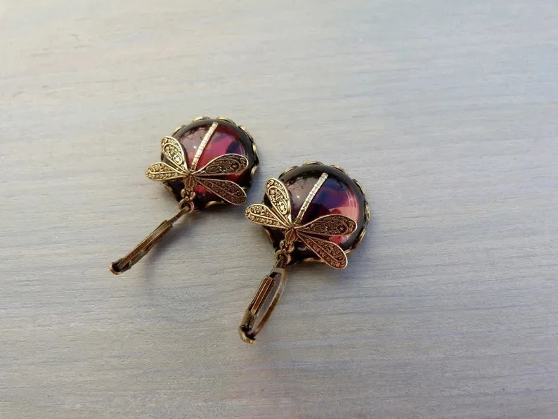 New Boho Vintage Crystal Dragonfly Earrings for Women Fashion Metal Carving Pattern Inlaid Moonstone Animal Earring Jewelry Gift