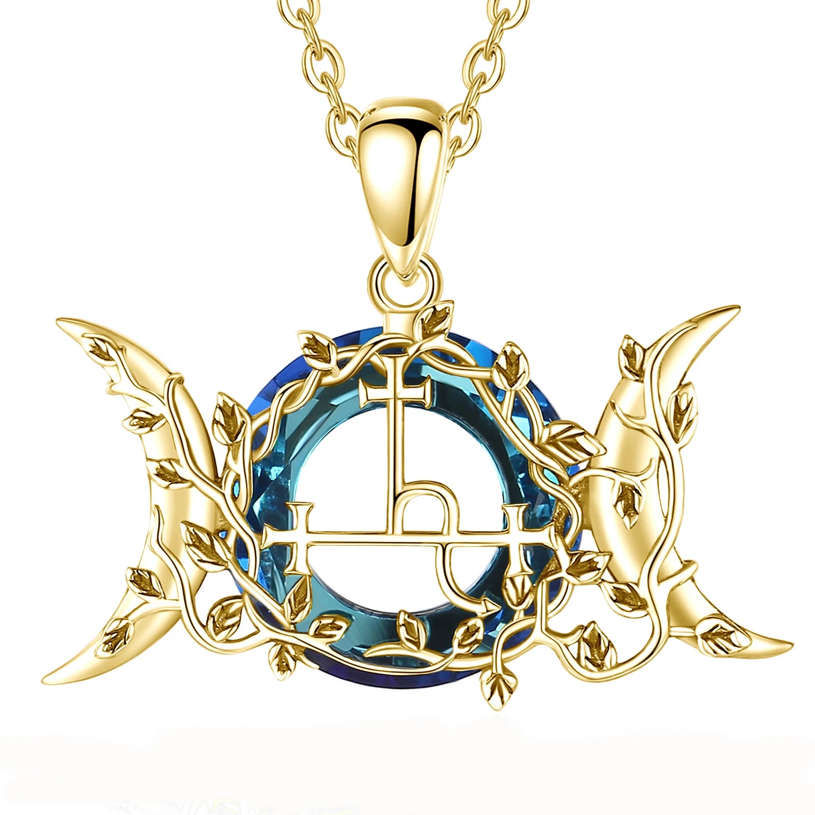 Eudora 925 Sterling Silver Lilith Sigil Necklace 18K Gold Triple Moon Goddess Amulet Pendant Austrian Crystal Wicca Jewelry Gift