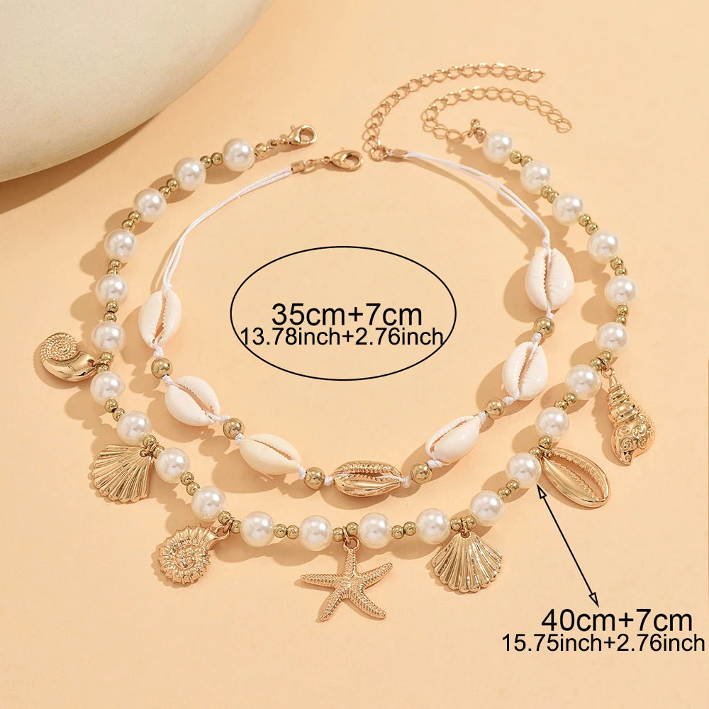 Baroque Imitation Pearl Choker Necklace Starfish Shell Pendant Boho Adjustable Summer Beach Jewelry for Women