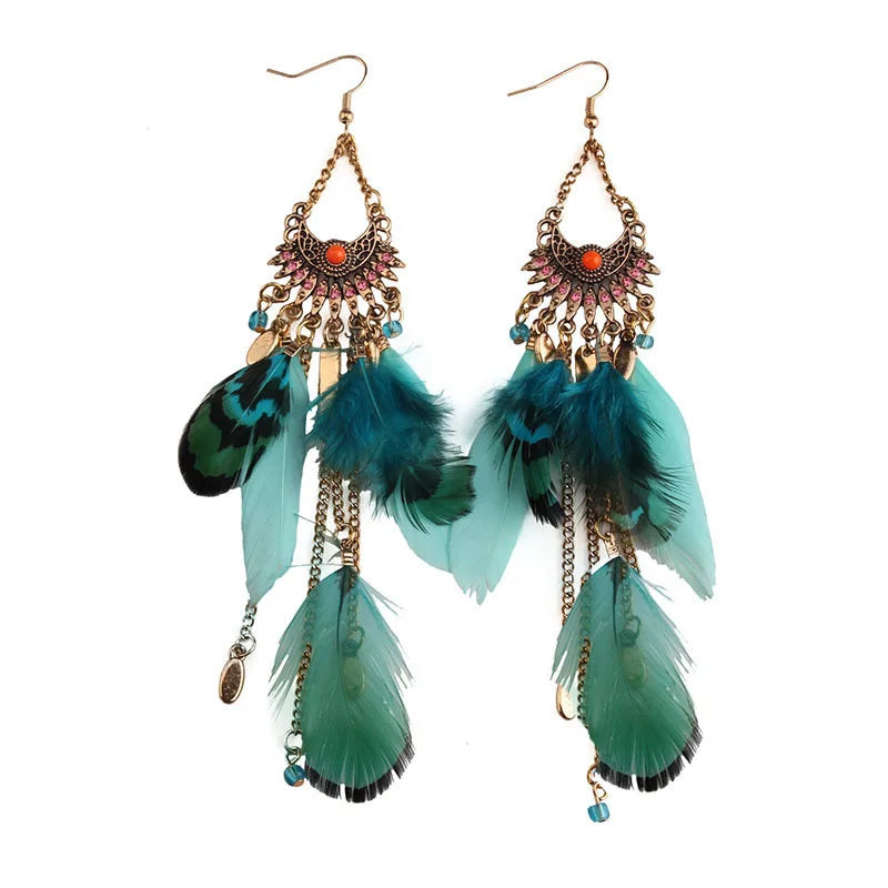 Round Retro Women's Dream Catcher Handmade Long Tassel Feather Earrings Female Leaves Pendant Earring Kolczyki Boho Jewelry