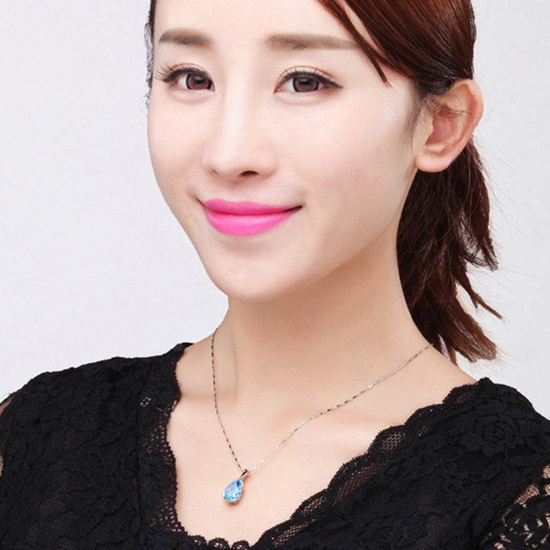 LiHong S925 Sterling Silver Necklace Angel Tears Crystal Blue Pendant Necklace for Woman Charm Jewelry Gift - Charlie Dolly
