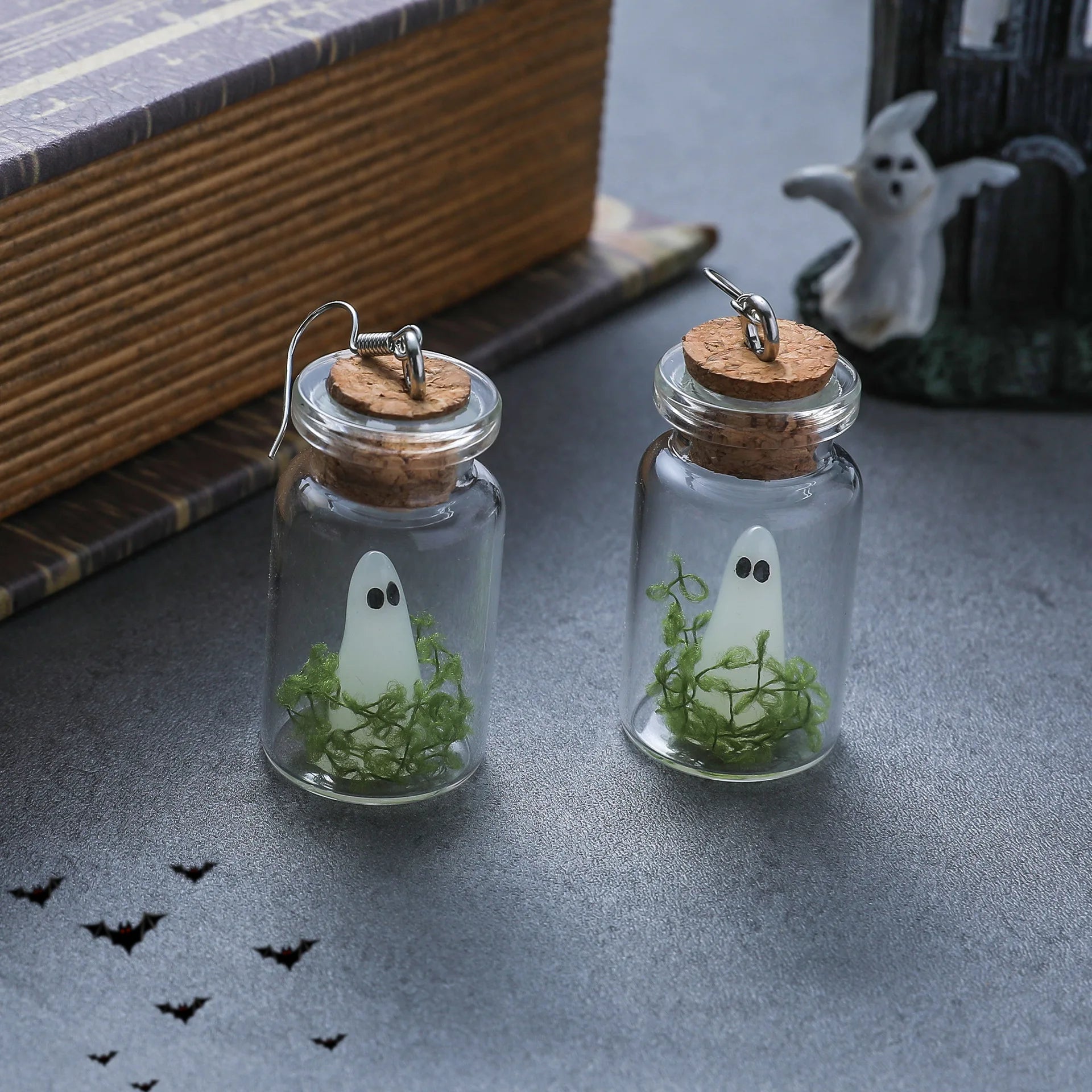 Halloween Tiny Glow Drifting Bottle Ghost Earrings Creative Design Blue Green Luminous Adopt A Ghost Drop Earrings Jewelry Gift - Charlie Dolly