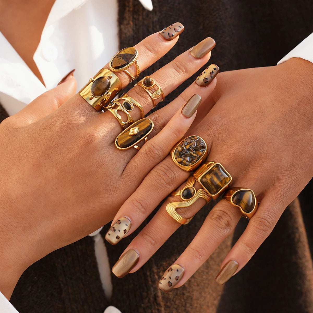 Creative Gold Plated Stainless Steel Rings for Women Simple Geometric Natural tiger Stone Finger Ring Boho Vintage Jewelry Gift