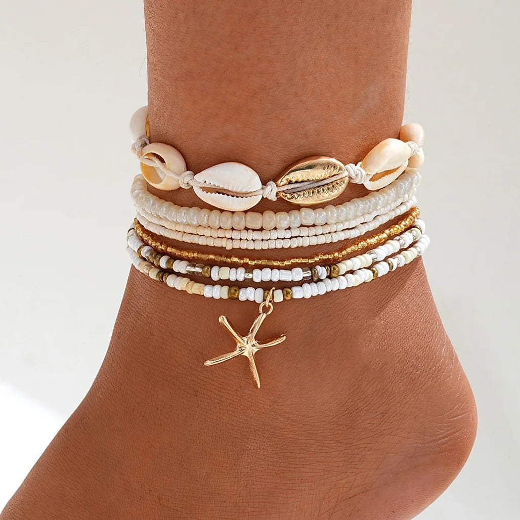 New Summer Beach Starfish Shell Beaded Pendant Anklet for Women Boho Retro Trend Multilayer Foot Jewelry Holiday Accessory 2025