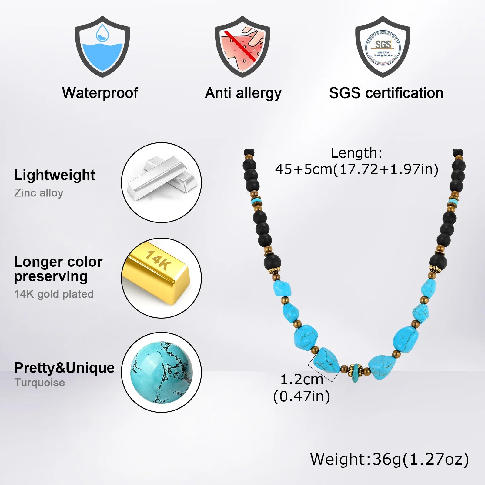 Vnox Natural Stone Beaded Necklace for Men Women, Black Onyx Turquoise 45-50cm Adjustable Chain Boho Trendy Jewelry Gifts Unisex