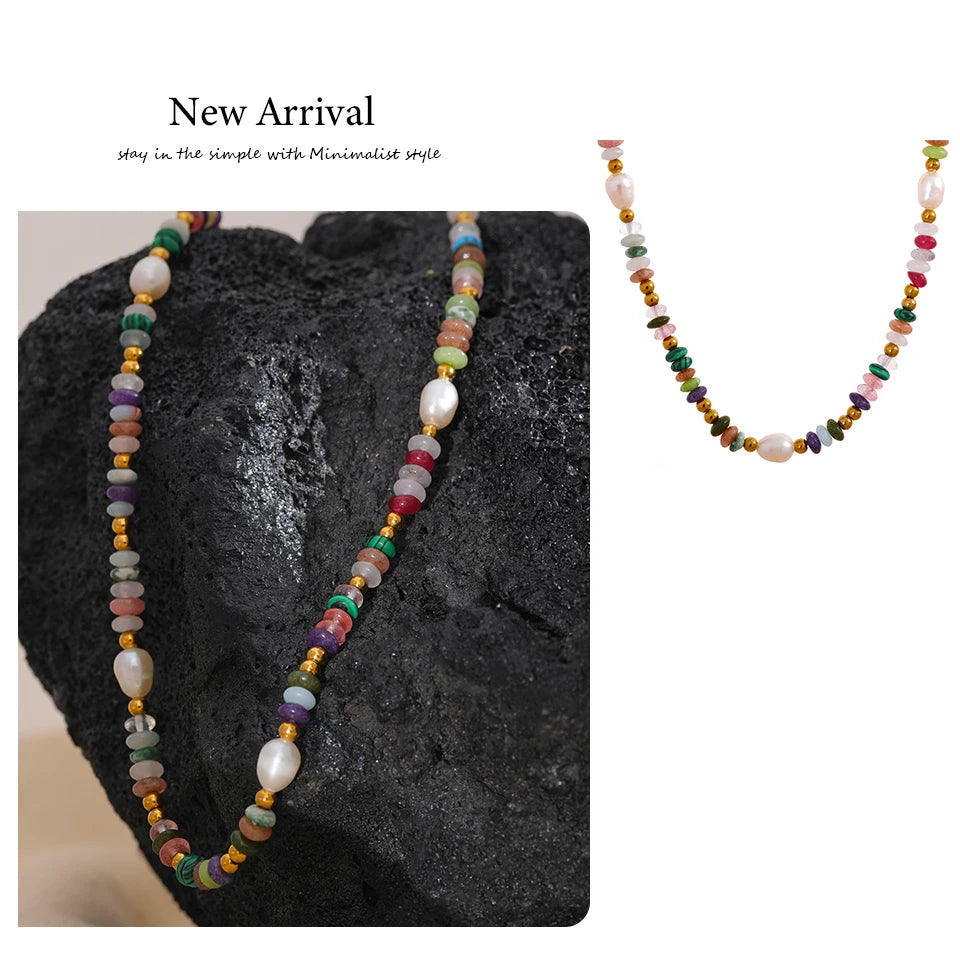 Yhpup Y2K Natural Pearl Stone Colorful Handmade Boho Necklace Women Stainless Steel Aesthetic Gold Color Fashion Jewelry