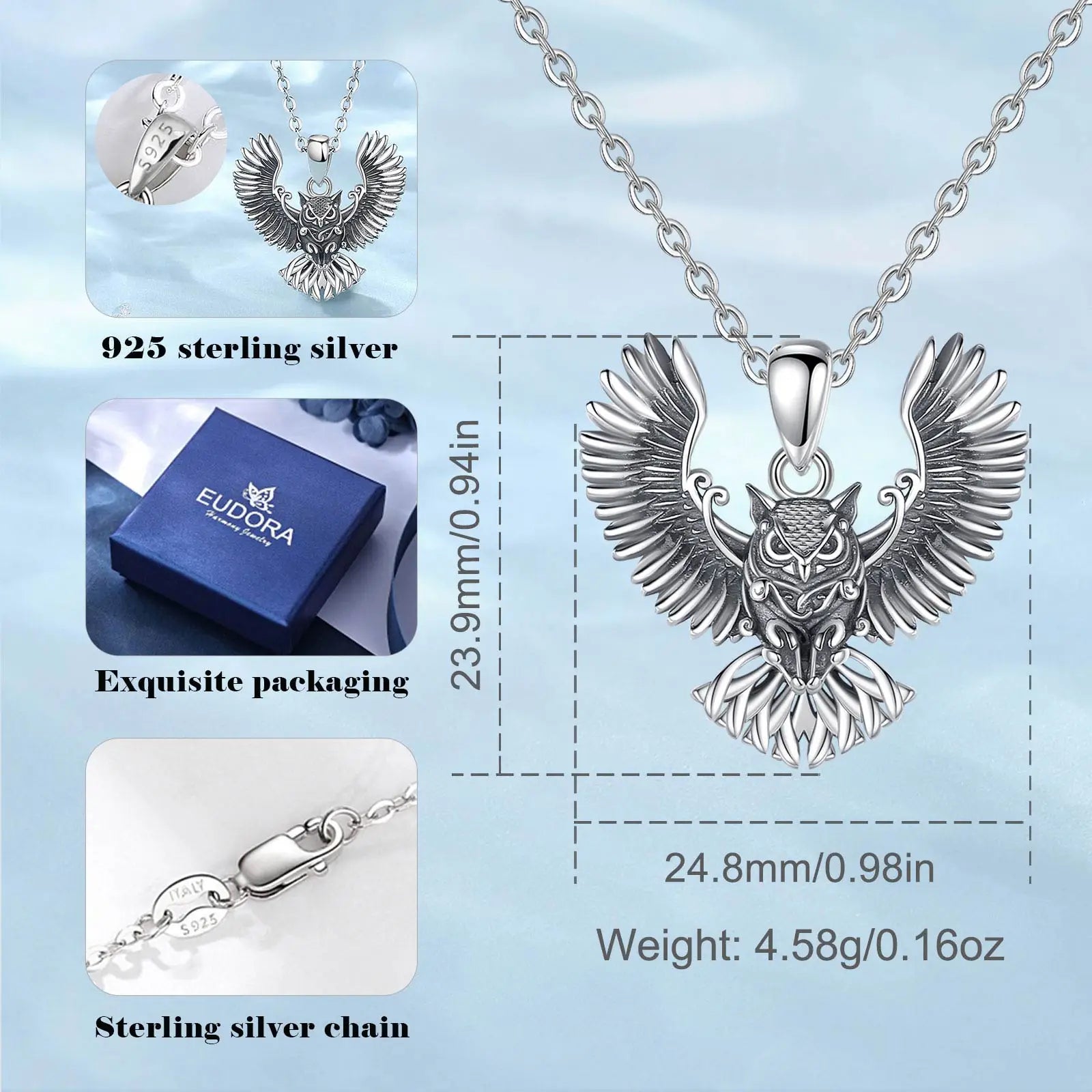 Eudora 925 Sterling Silver Cool Owl Necklace for Women Man Vintage Hip Hop Owl Amulet Pendant Personality Jewelry Party Gift