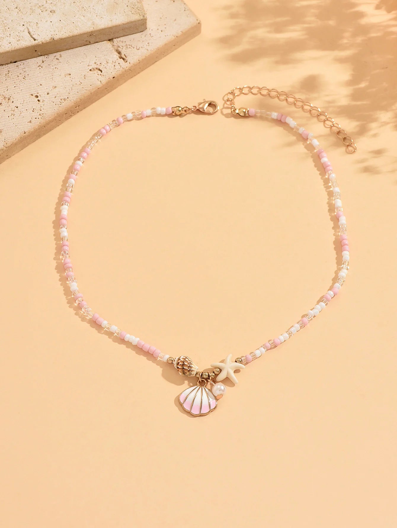 Pink White Beaded Choker Necklace Shell Starfish Faux Pearl Pendant Boho Summer Beach Vacation Daily Jewelry