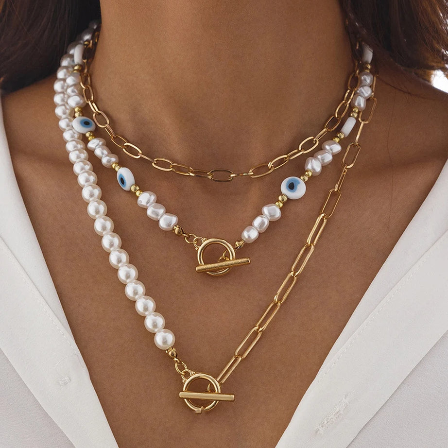 Irregular Pearl Multilayer Heart Pendant Boho Choker