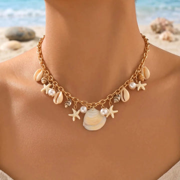 Women's Dainty Gold Choker Necklace Shell Cowrie Starfish Imitate Pearl Pendant Boho Summer Beach Vacation Daily Jewelry