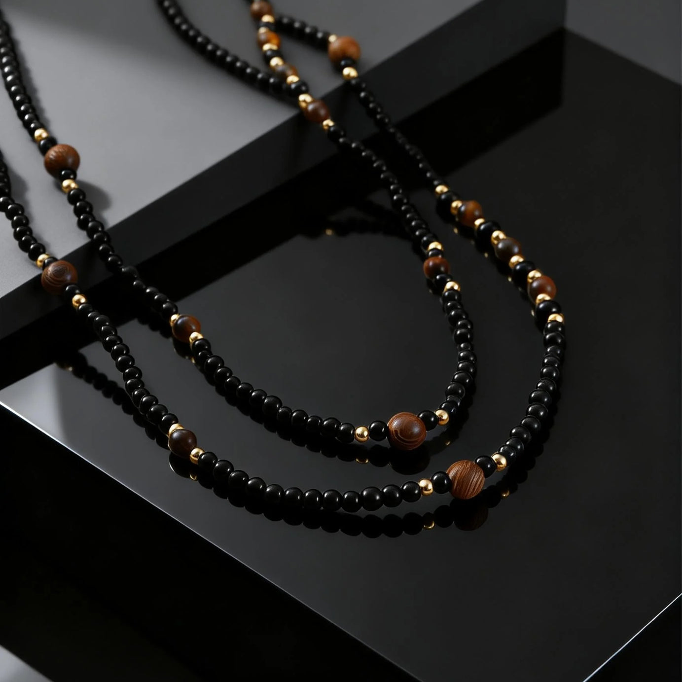 Black Agate Natural Stone Tiger Eye Beads Chain Necklace for Men, Retro Long Sweater Chain Necklace, Fashion Boho Jewelry Gift - Charlie Dolly