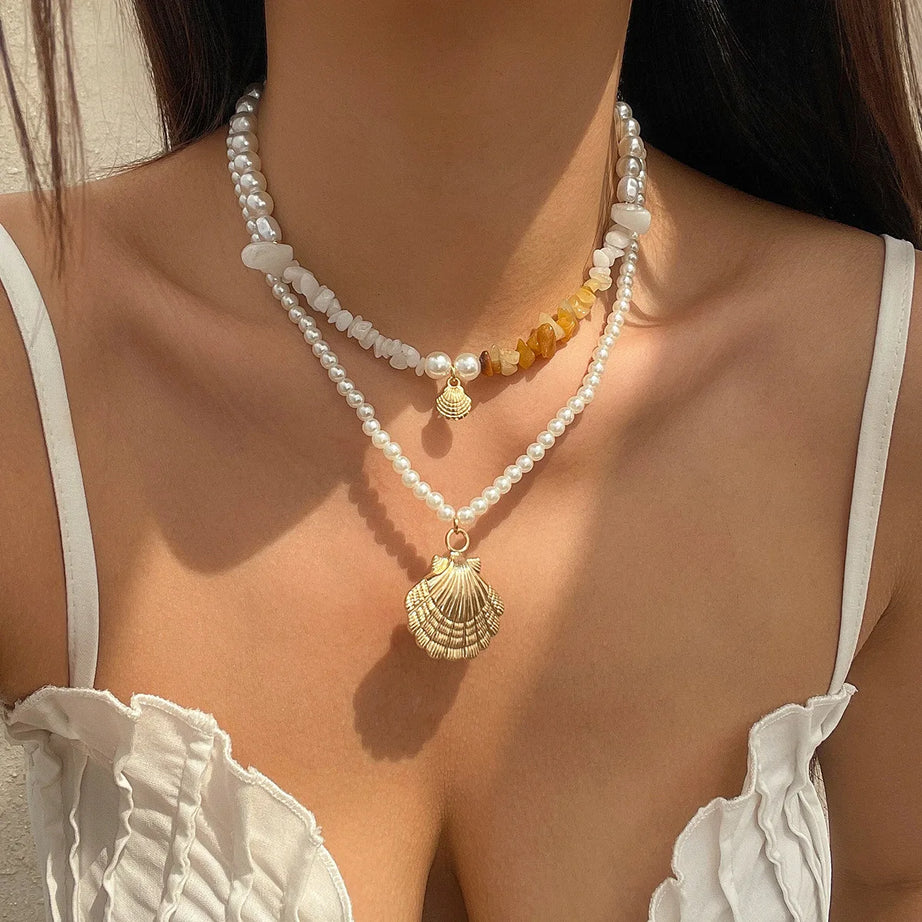 Shell Starfish and Pearl Layered Chain Boho Necklace
