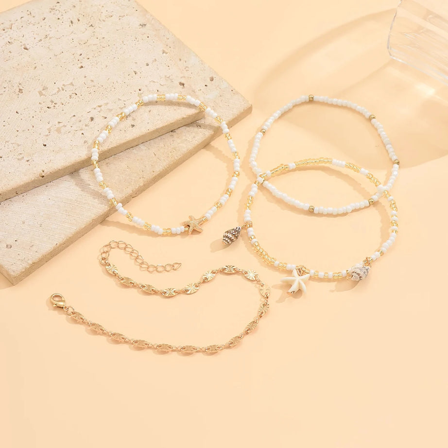 Starfish and Shell Stackable Beaded Anklet Set (4 Pieces)
