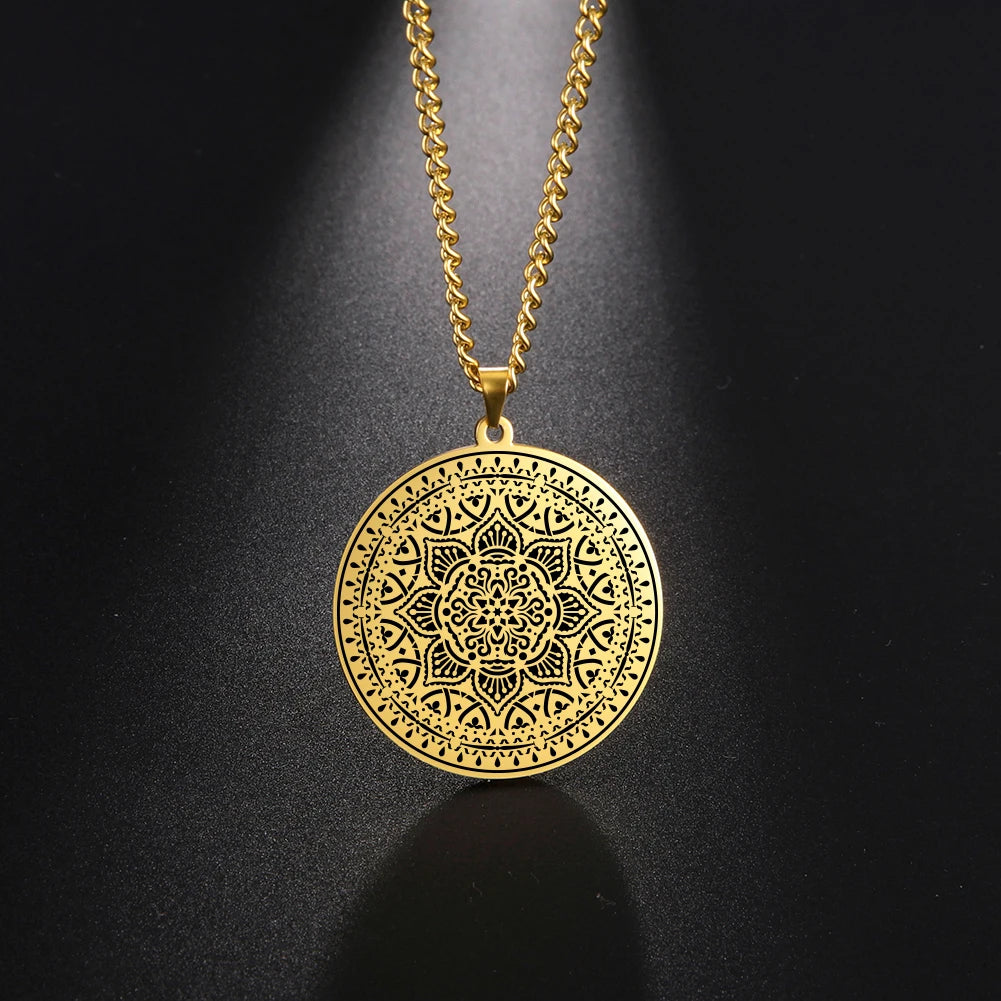 LIKGREAT Lotus Flower Chakra Mandala Pendant Necklace Stainless Steel Women Men Buddhism Hinduism Meditation Spiritual Jewelry