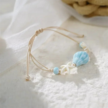 Bohemian Conch, Starfish and Shell Beaded Bangle Bracelet
